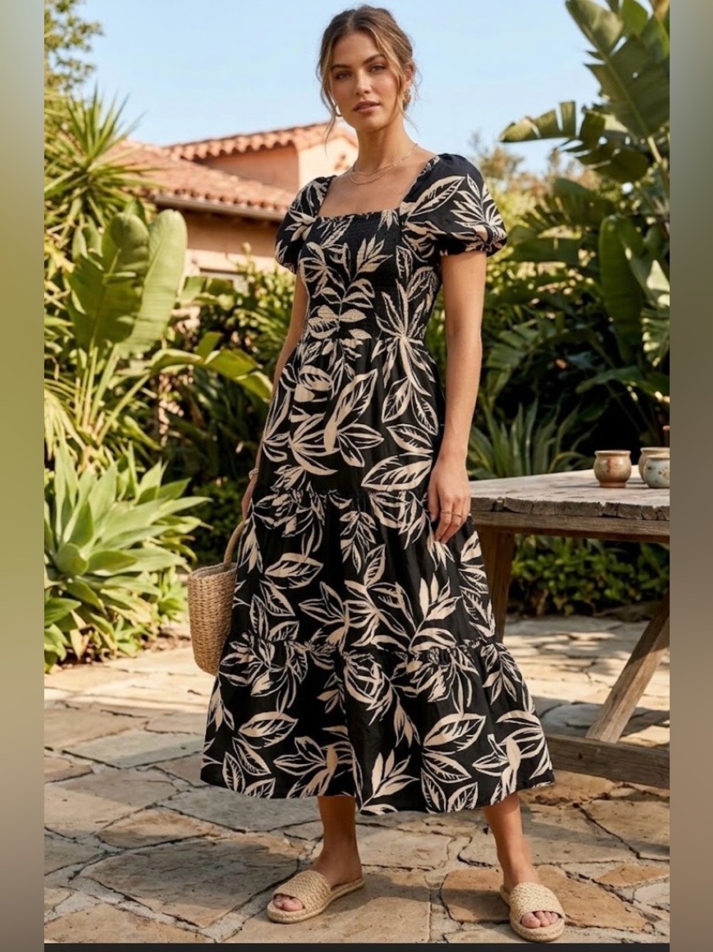 Anthropologie meadow Rhodes Square-Neck Black Midi Dress with Cream Leaf Print